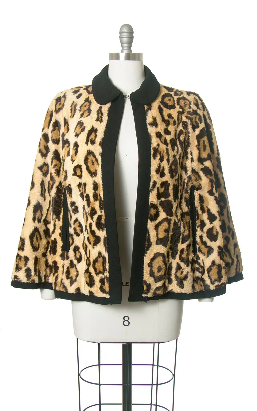 1950s 1960s Reversible Leopard Print Faux Fur and Black Wool Cape | small/medium