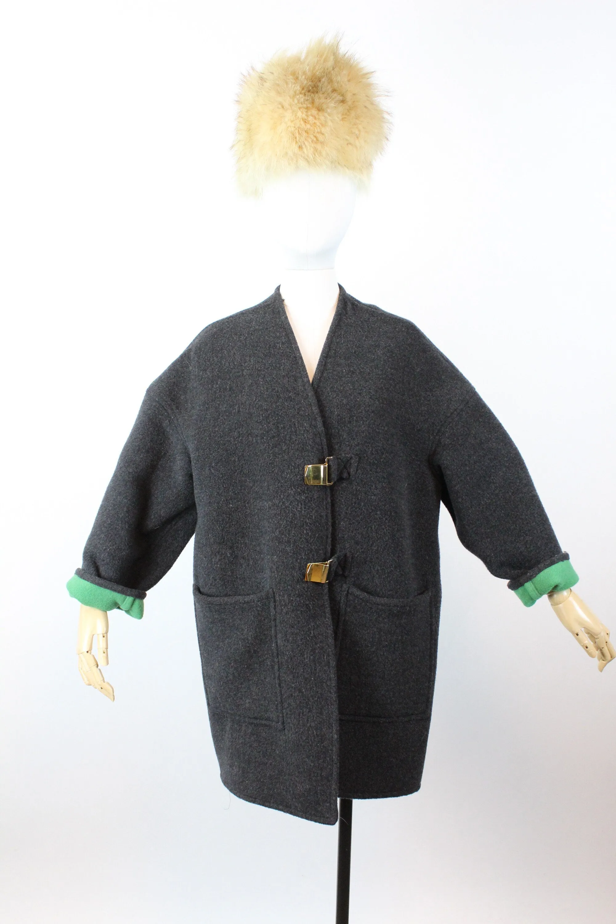 1960s double faced GREEN GRAY gold buckle coat small - large | new winter