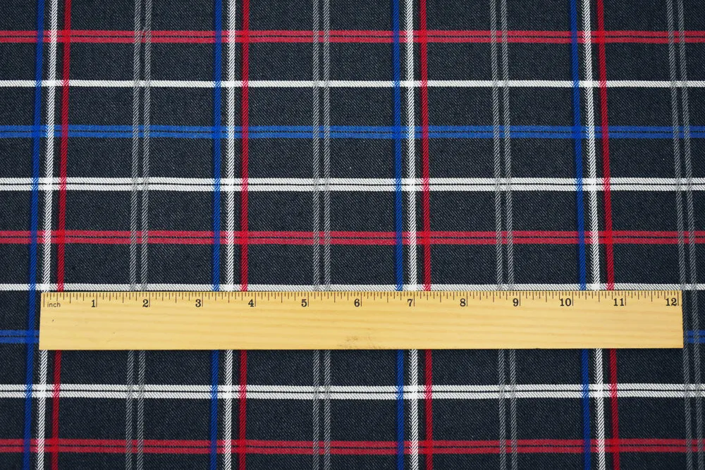 2 YD PC-Black-Blue-Red Polyester Wool Plaid Twill Suiting Woven Fabric