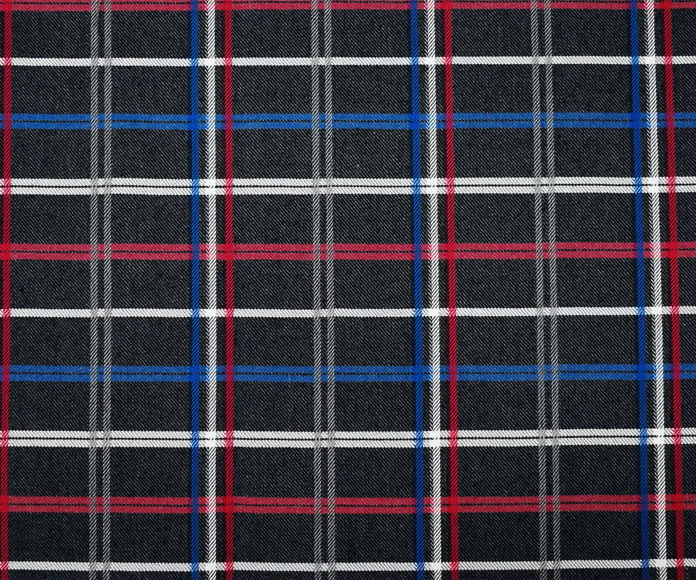 2 YD PC-Black-Blue-Red Polyester Wool Plaid Twill Suiting Woven Fabric