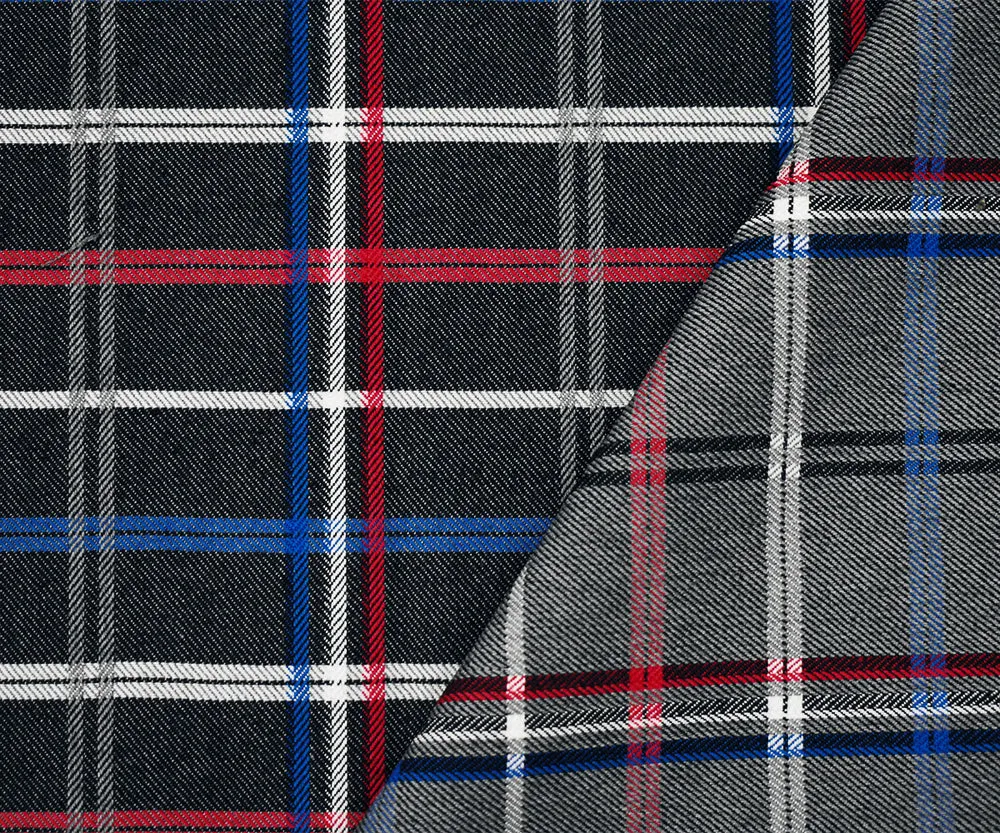 2 YD PC-Black-Blue-Red Polyester Wool Plaid Twill Suiting Woven Fabric