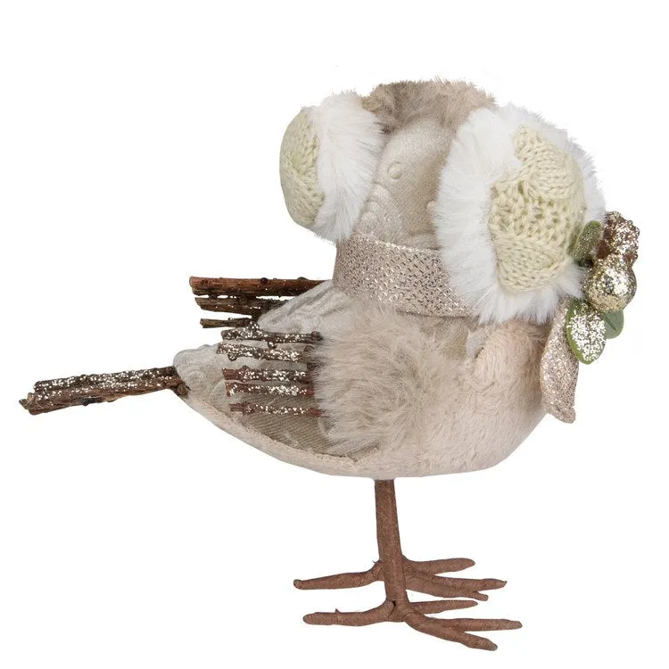 6" Beige and White Plush Bird In Earmuffs Christmas Figurine