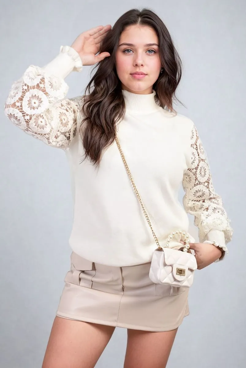 Alexis High Neck Knit Crochet Sleeve Jumper