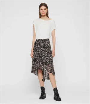 AllSaints Pleated Animal Print Asymmetric Skirt