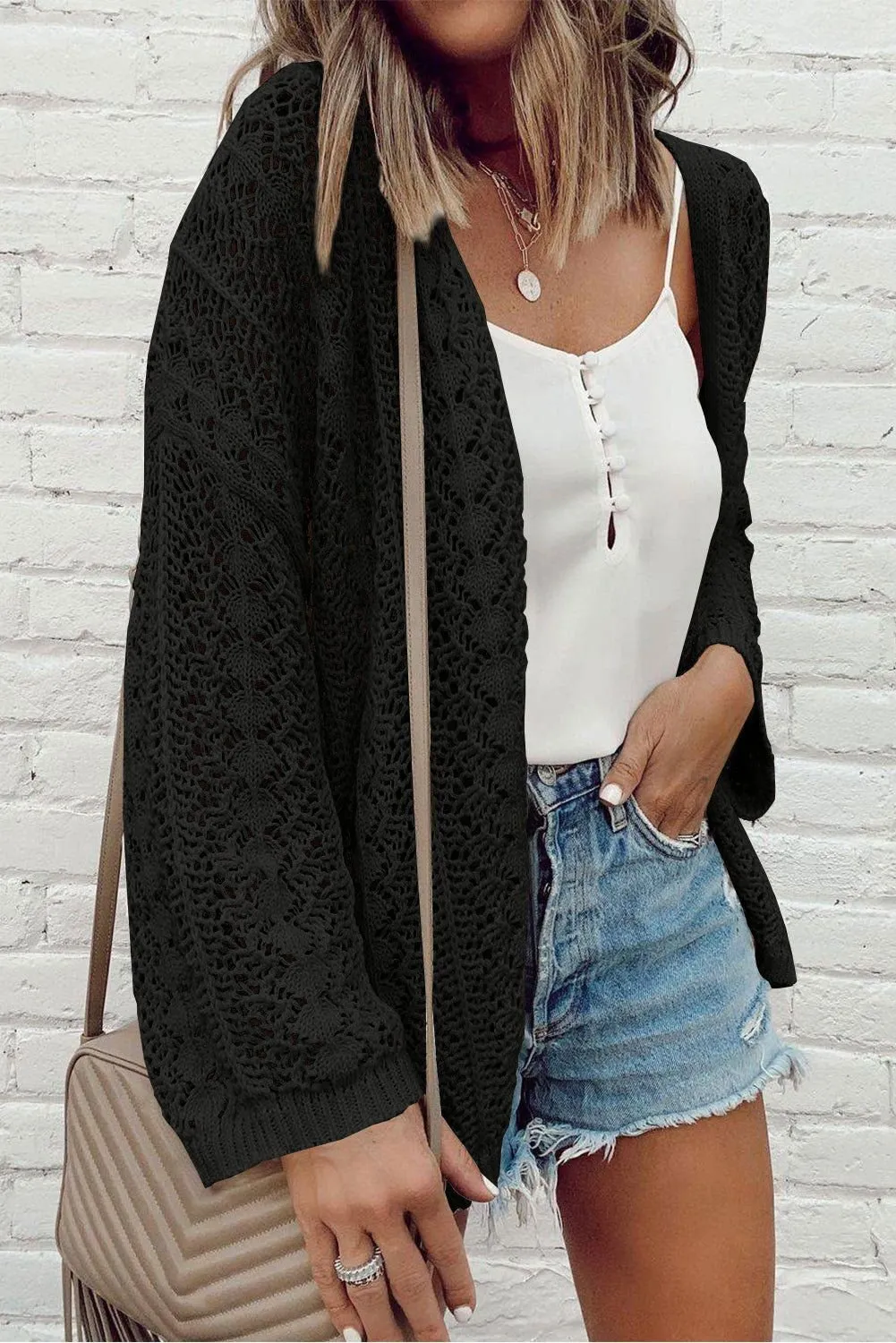 Apricot Hollow Out Crochet Knit Drop Shoulder Open Front Cardigan