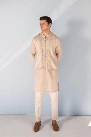 Beige Front Open Kurta Cardigan Set