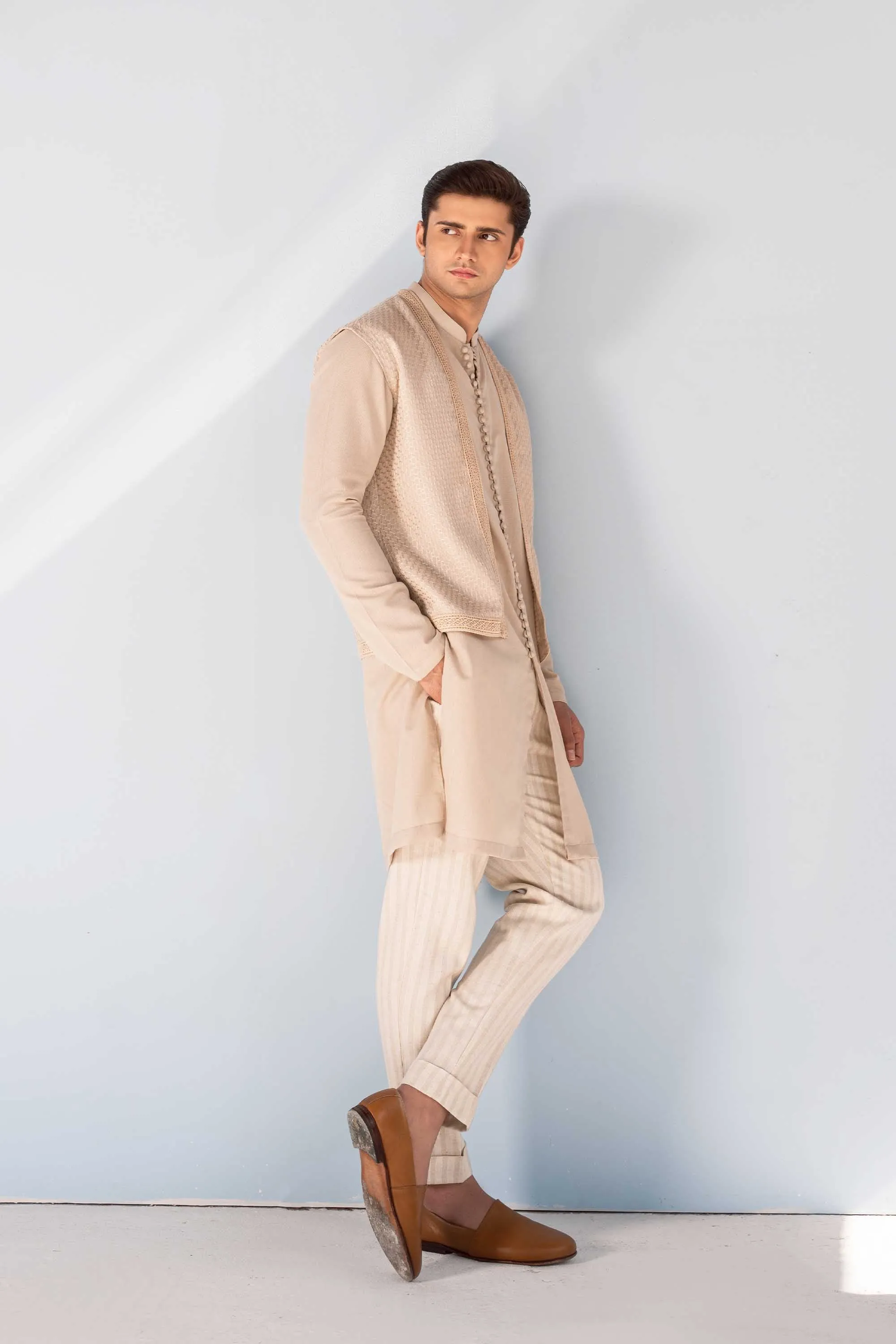 Beige Front Open Kurta Cardigan Set