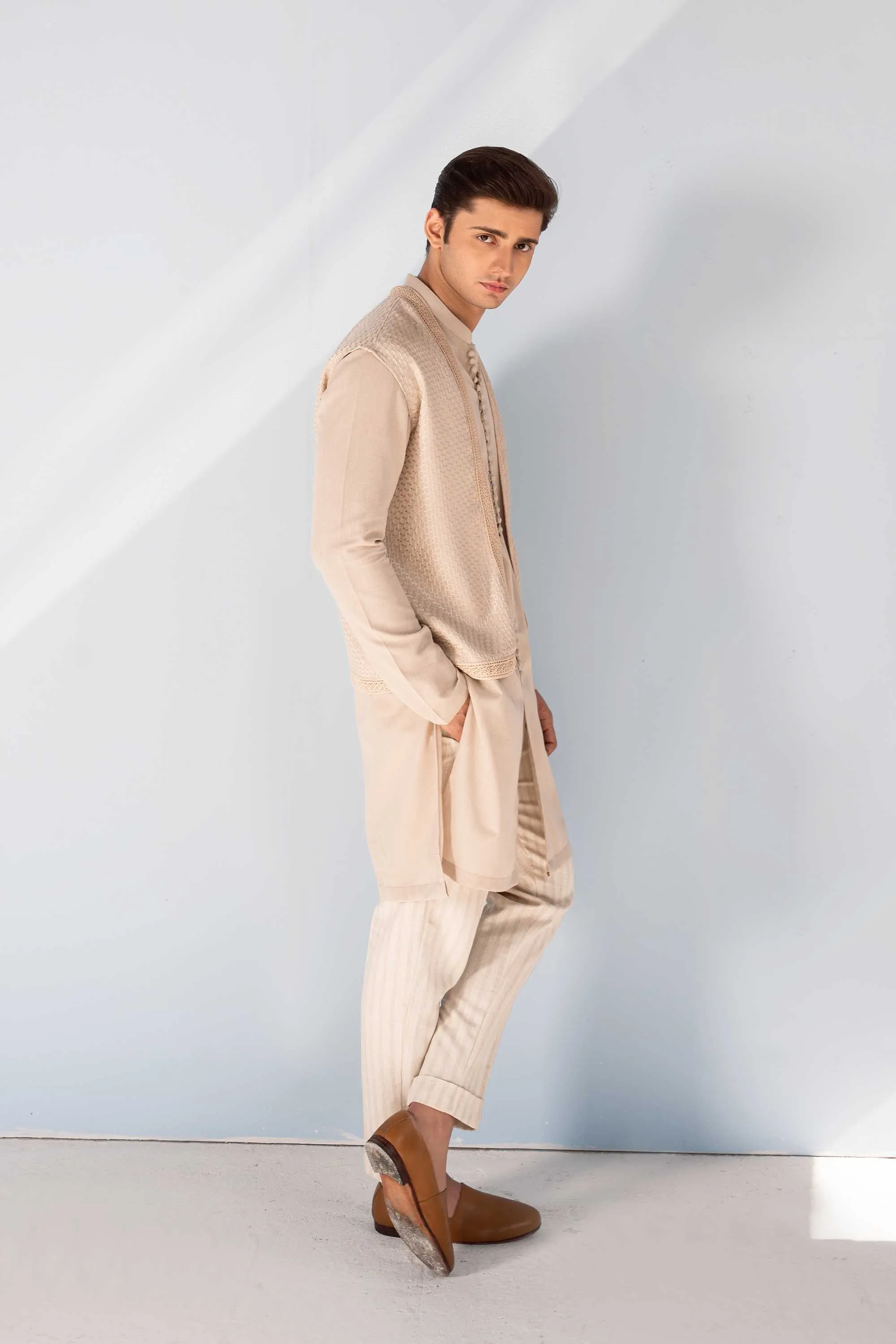 Beige Front Open Kurta Cardigan Set