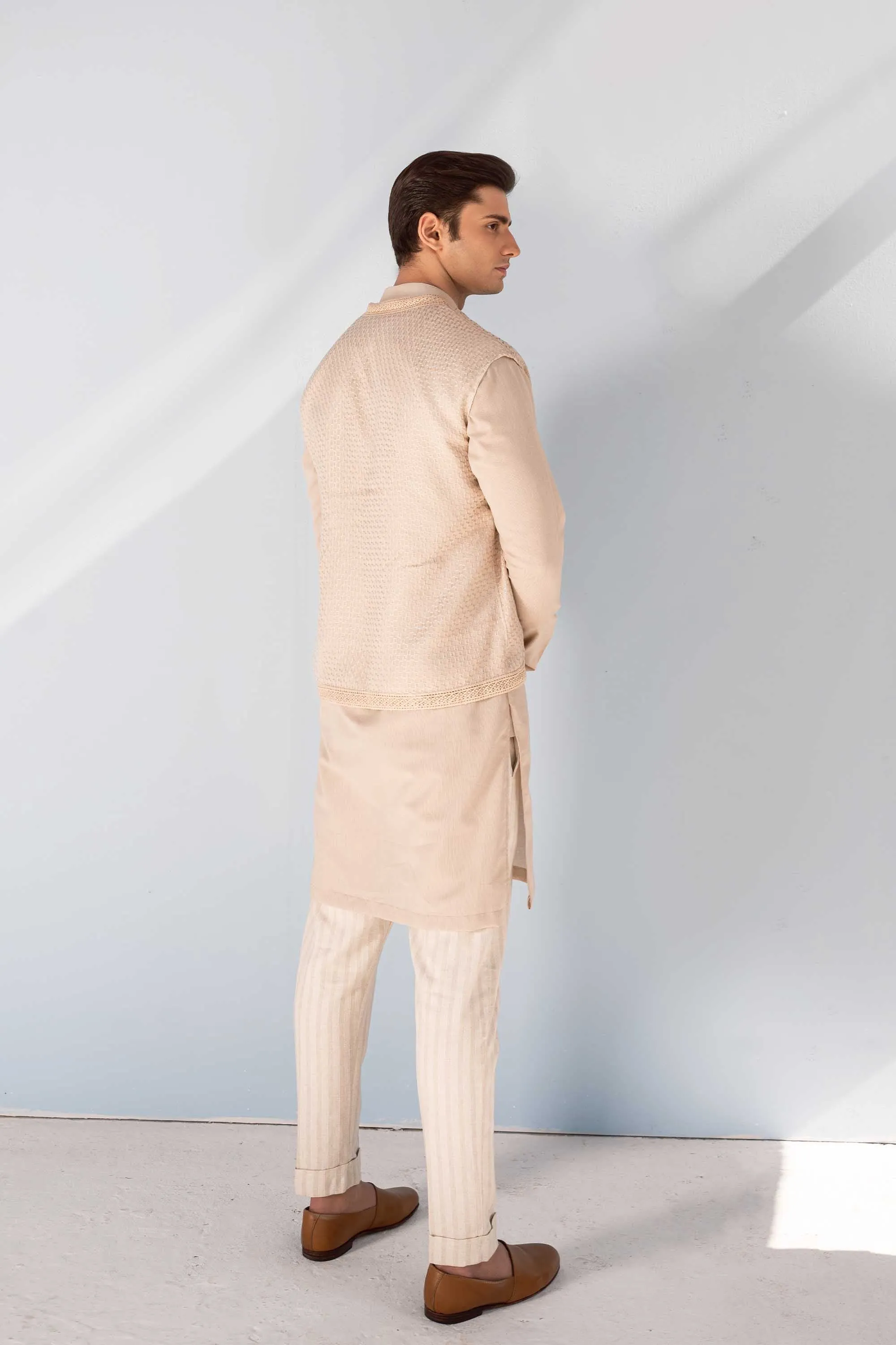 Beige Front Open Kurta Cardigan Set