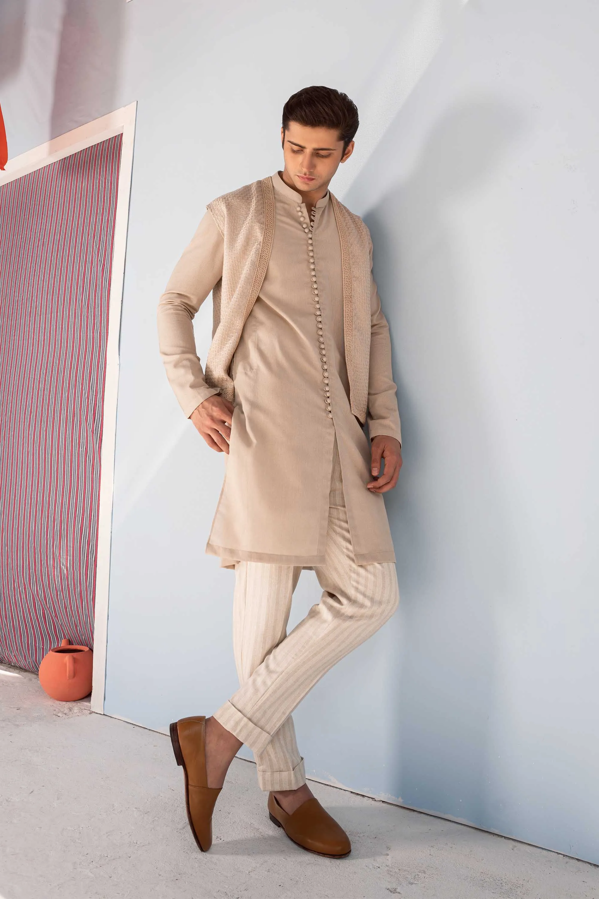 Beige Front Open Kurta Cardigan Set