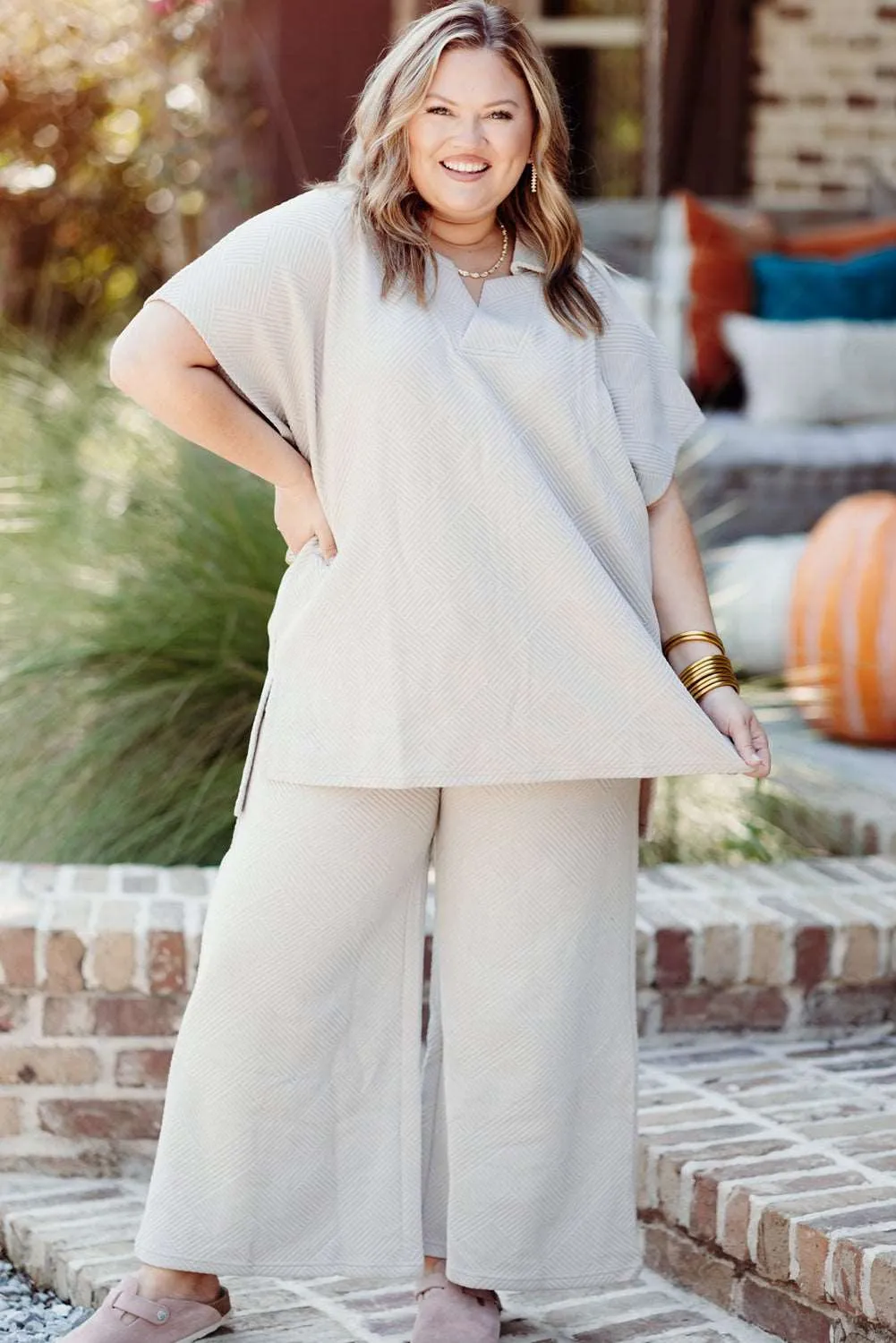 Beige Plus Size Textured Collared Top and Drawstring Pants Set