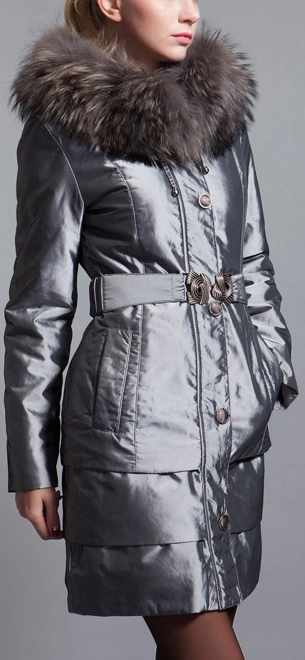 Belted Metallic Fur-Hooded Down Coat