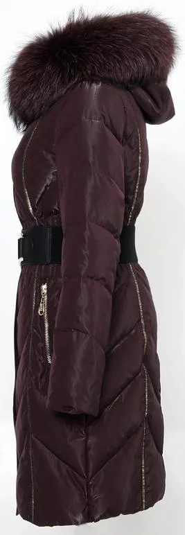 Belted Thick-Fur-Hooded Puffer Coat, Black or Maroon