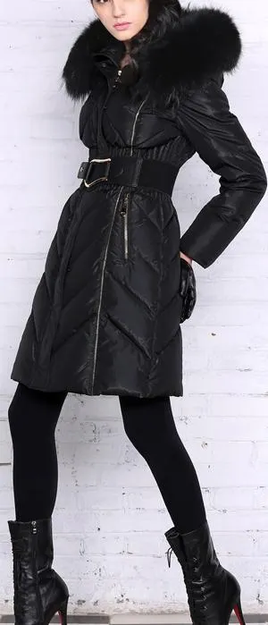 Belted Thick-Fur-Hooded Puffer Coat, Black or Maroon