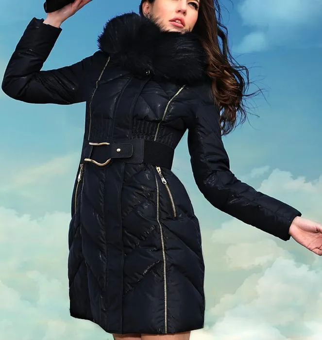 Belted Thick-Fur-Hooded Puffer Coat, Black or Maroon