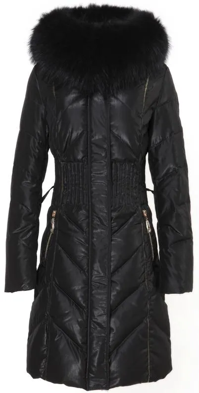 Belted Thick-Fur-Hooded Puffer Coat, Black or Maroon