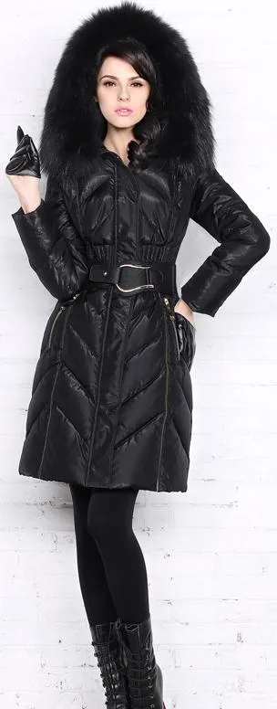 Belted Thick-Fur-Hooded Puffer Coat, Black or Maroon