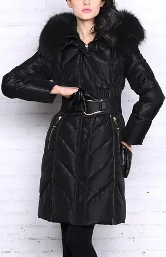 Belted Thick-Fur-Hooded Puffer Coat, Black or Maroon