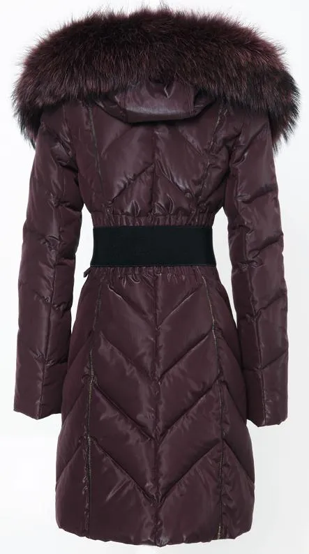 Belted Thick-Fur-Hooded Puffer Coat, Black or Maroon