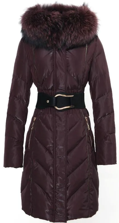 Belted Thick-Fur-Hooded Puffer Coat, Black or Maroon