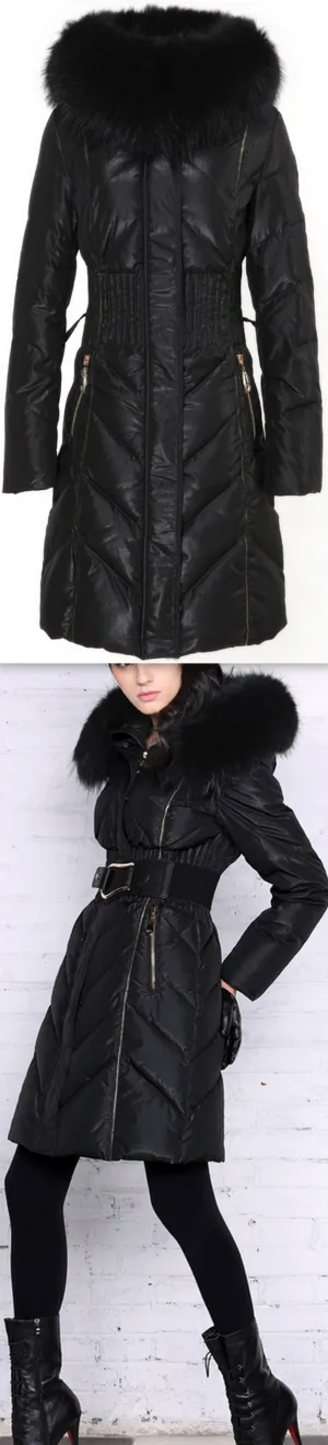 Belted Thick-Fur-Hooded Puffer Coat, Black or Maroon