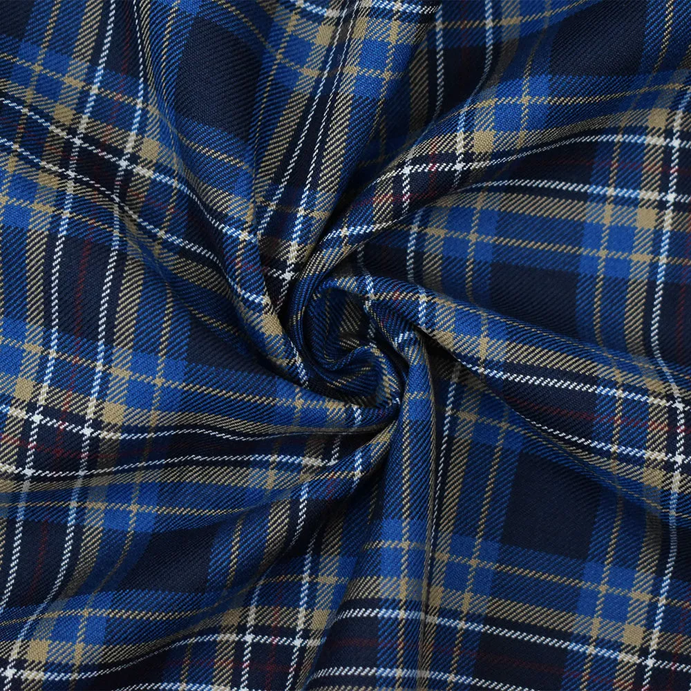 Blue-Brown-Multi Wool-Polyester Plaid Twill Suiting Woven Fabric