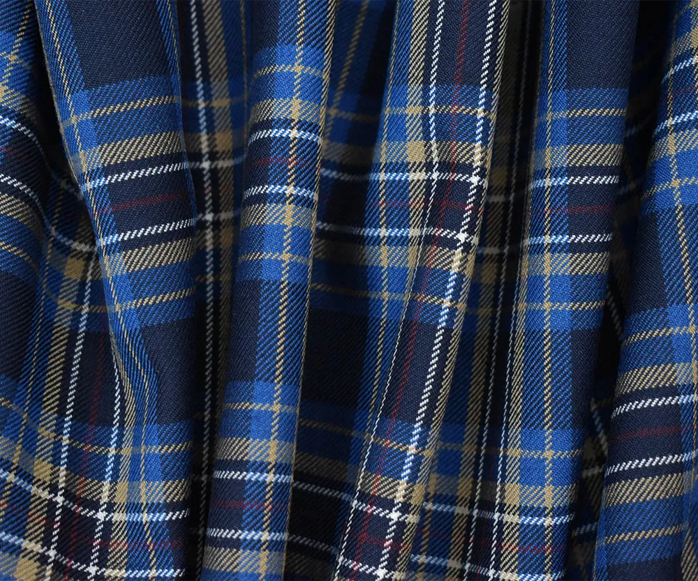 Blue-Brown-Multi Wool-Polyester Plaid Twill Suiting Woven Fabric