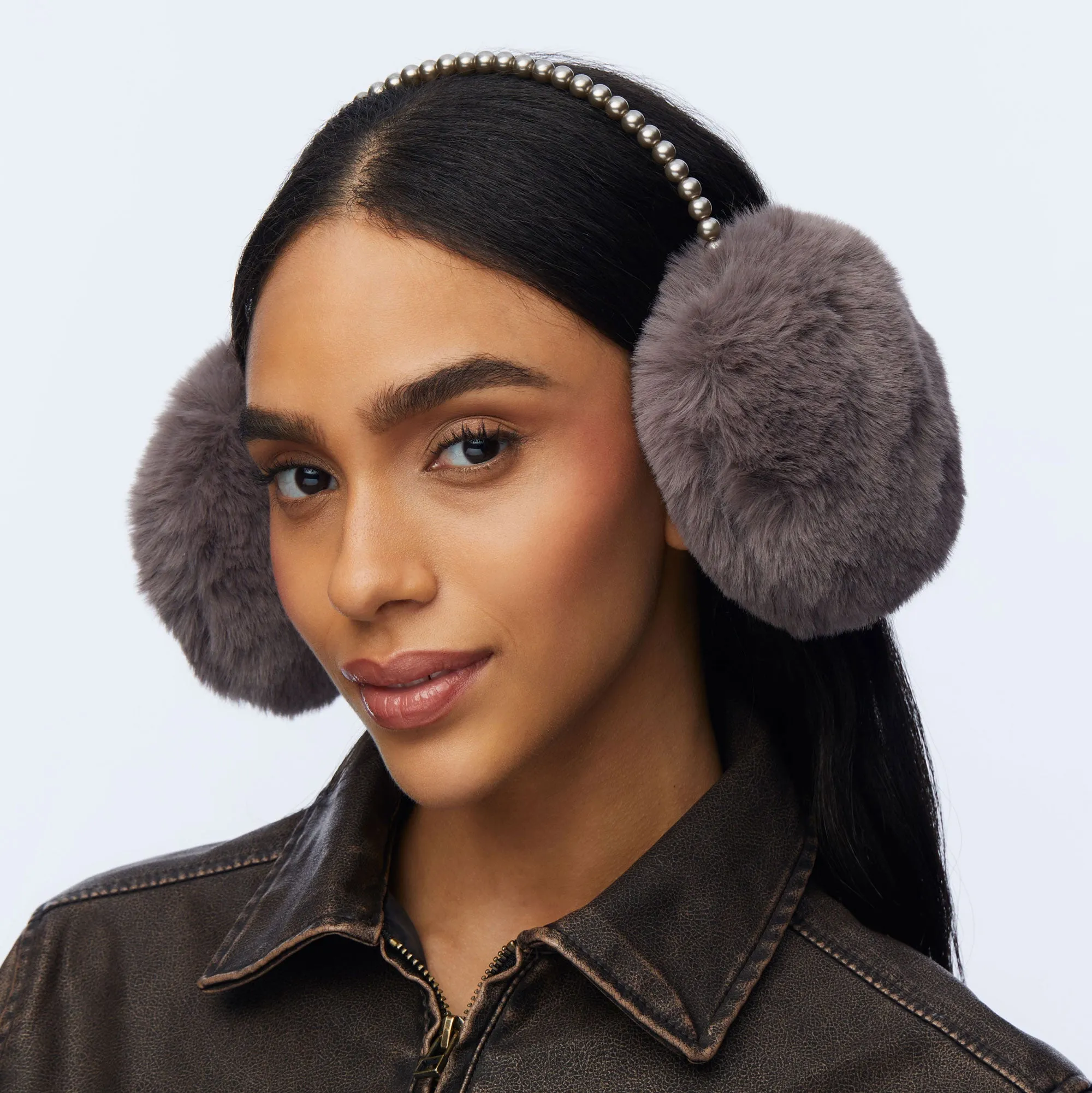 CHARCOAL FAUX FUR PEARL EARMUFFS