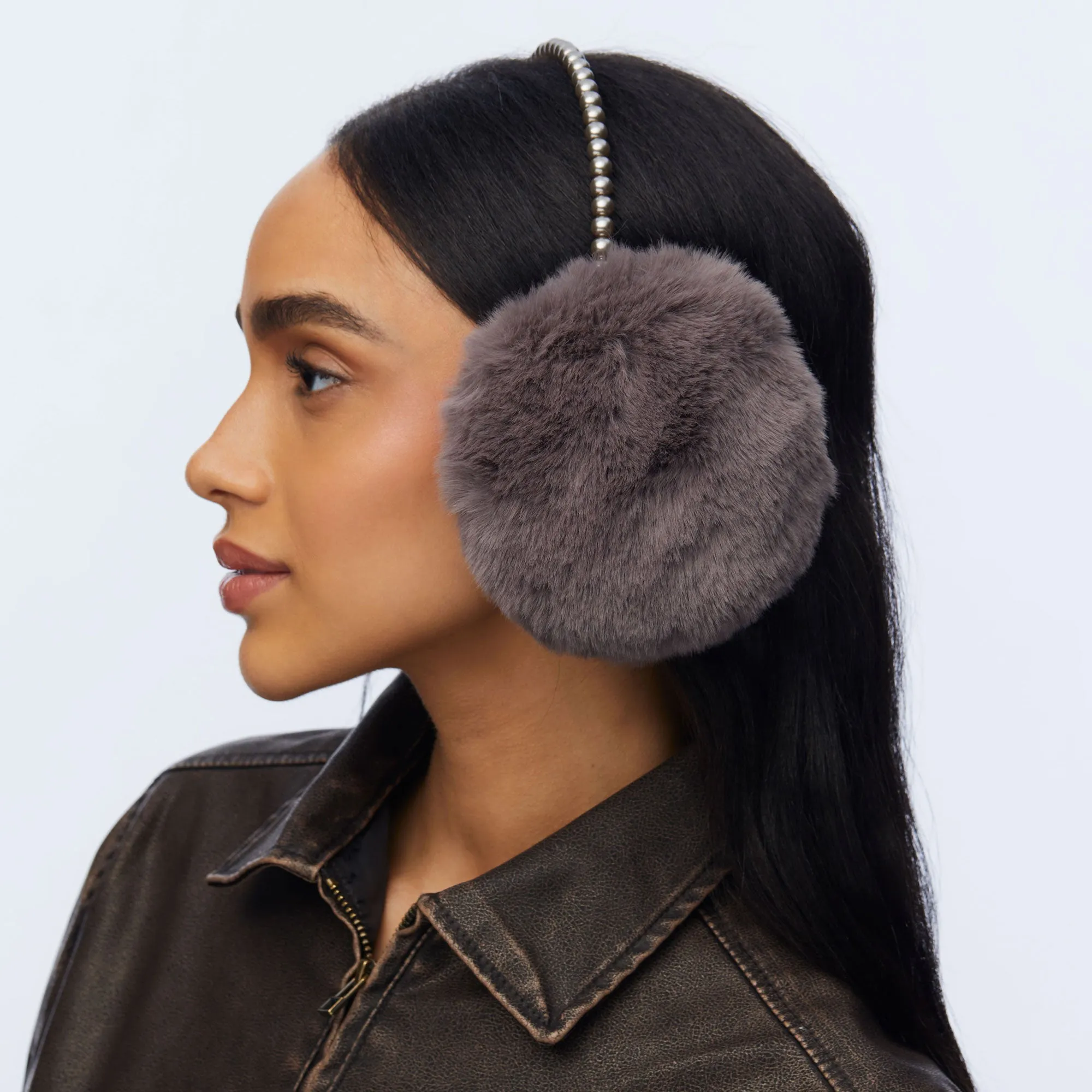 CHARCOAL FAUX FUR PEARL EARMUFFS