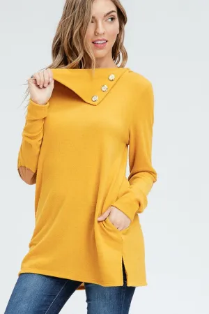 Cowl Neck Top with Elbow Patches - Mustard