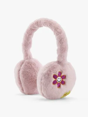 Crochet flower patch faux fur earmuffs