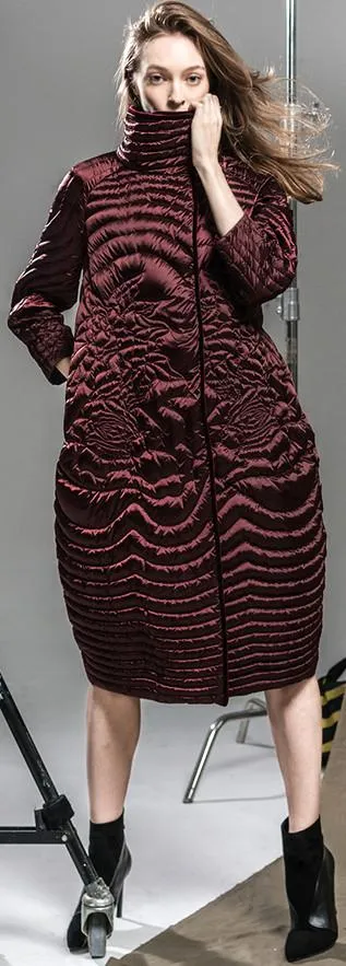 Embroidered White-Goose-Down Coat in Wine Red or Black