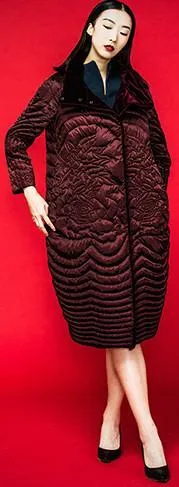 Embroidered White-Goose-Down Coat in Wine Red or Black