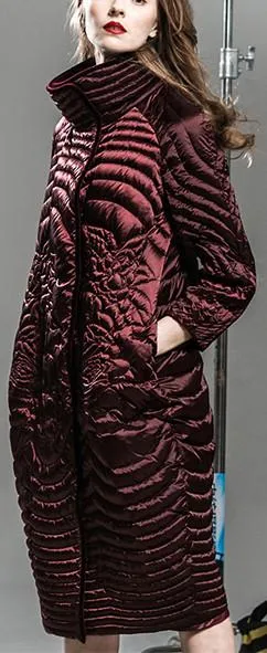 Embroidered White-Goose-Down Coat in Wine Red or Black