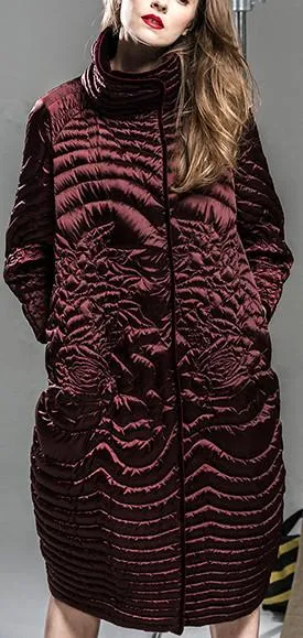 Embroidered White-Goose-Down Coat in Wine Red or Black