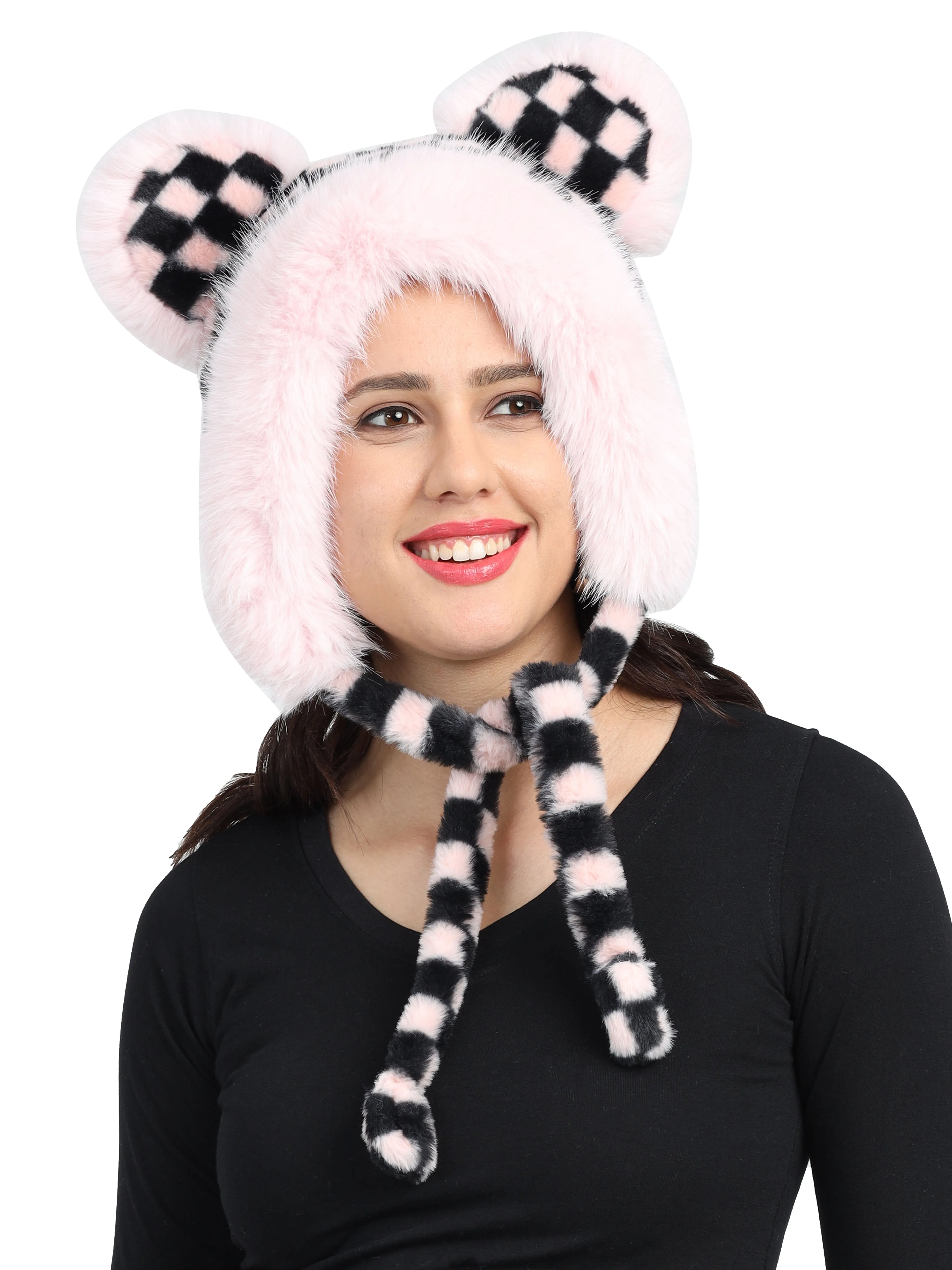 FabSeasons fancy checkered thick fluffy earmuff / ear cap & cover / beanies for Girls & Women for outdoors