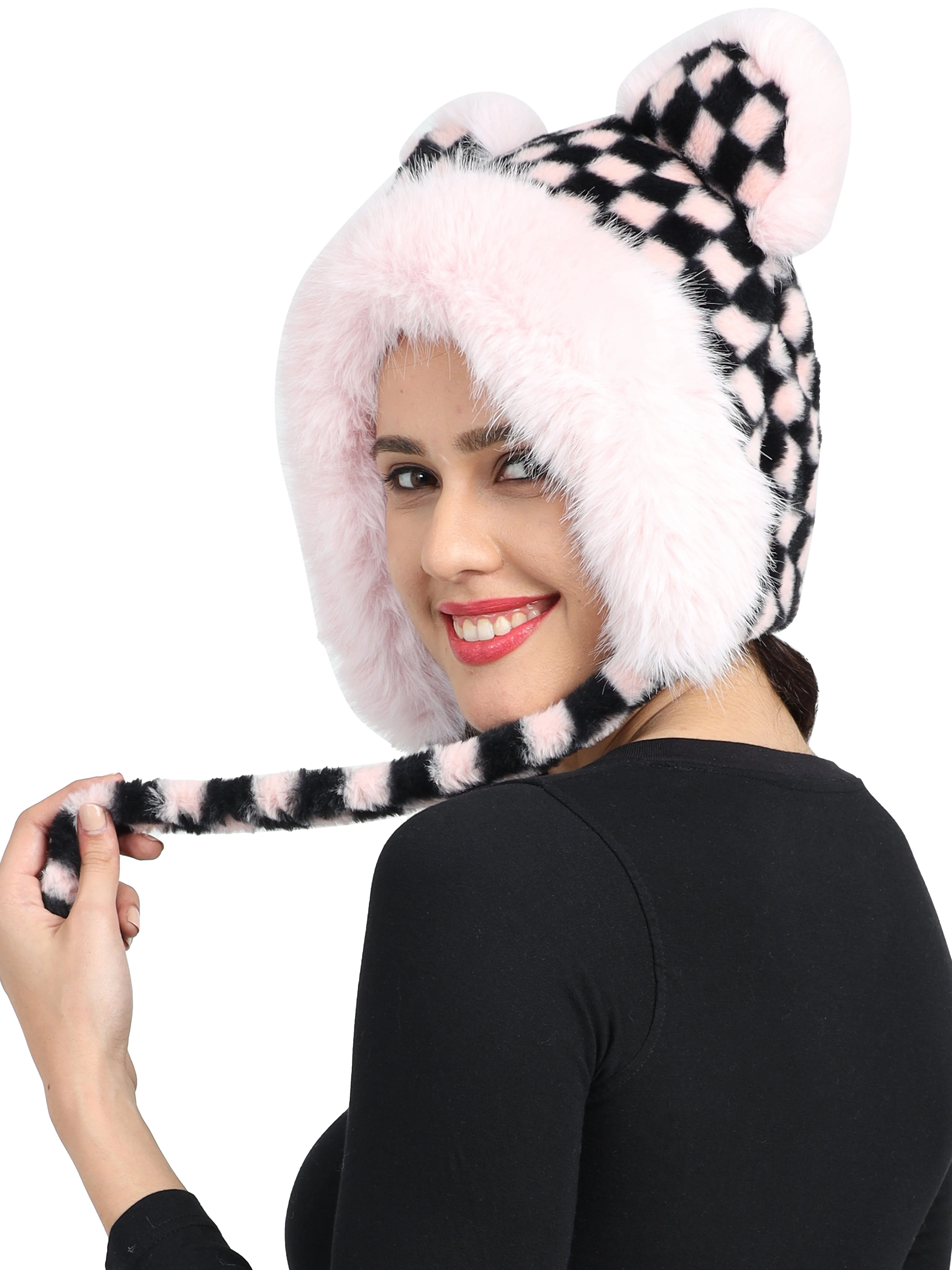 FabSeasons fancy checkered thick fluffy earmuff / ear cap & cover / beanies for Girls & Women for outdoors