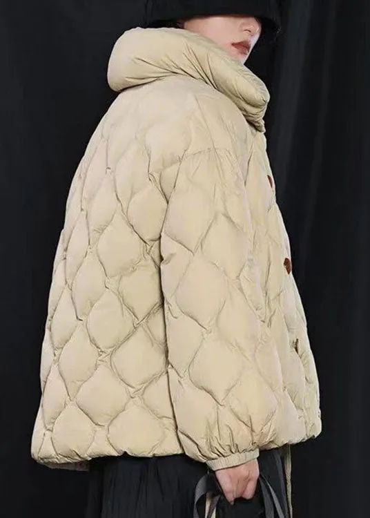 Fine Khaki Loose Stand Collar Pockets Winter Duck Down Puffer Coat