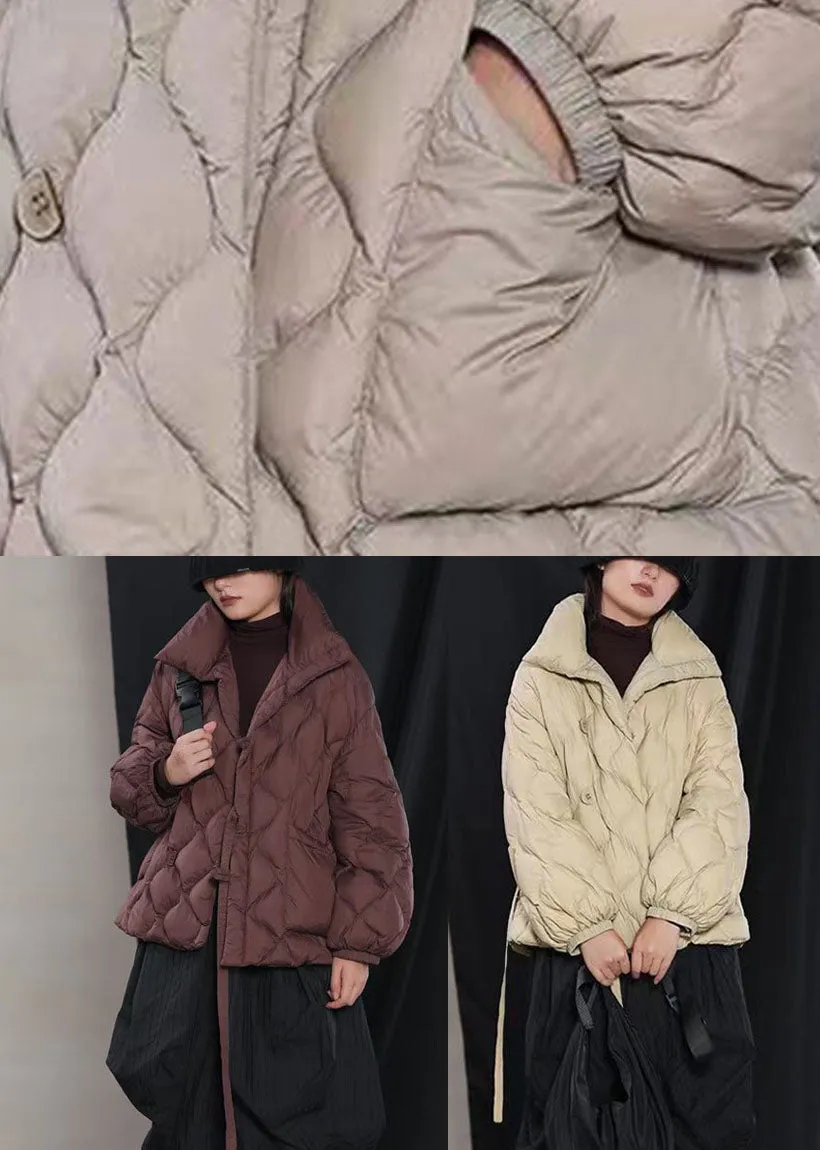 Fine Khaki Loose Stand Collar Pockets Winter Duck Down Puffer Coat