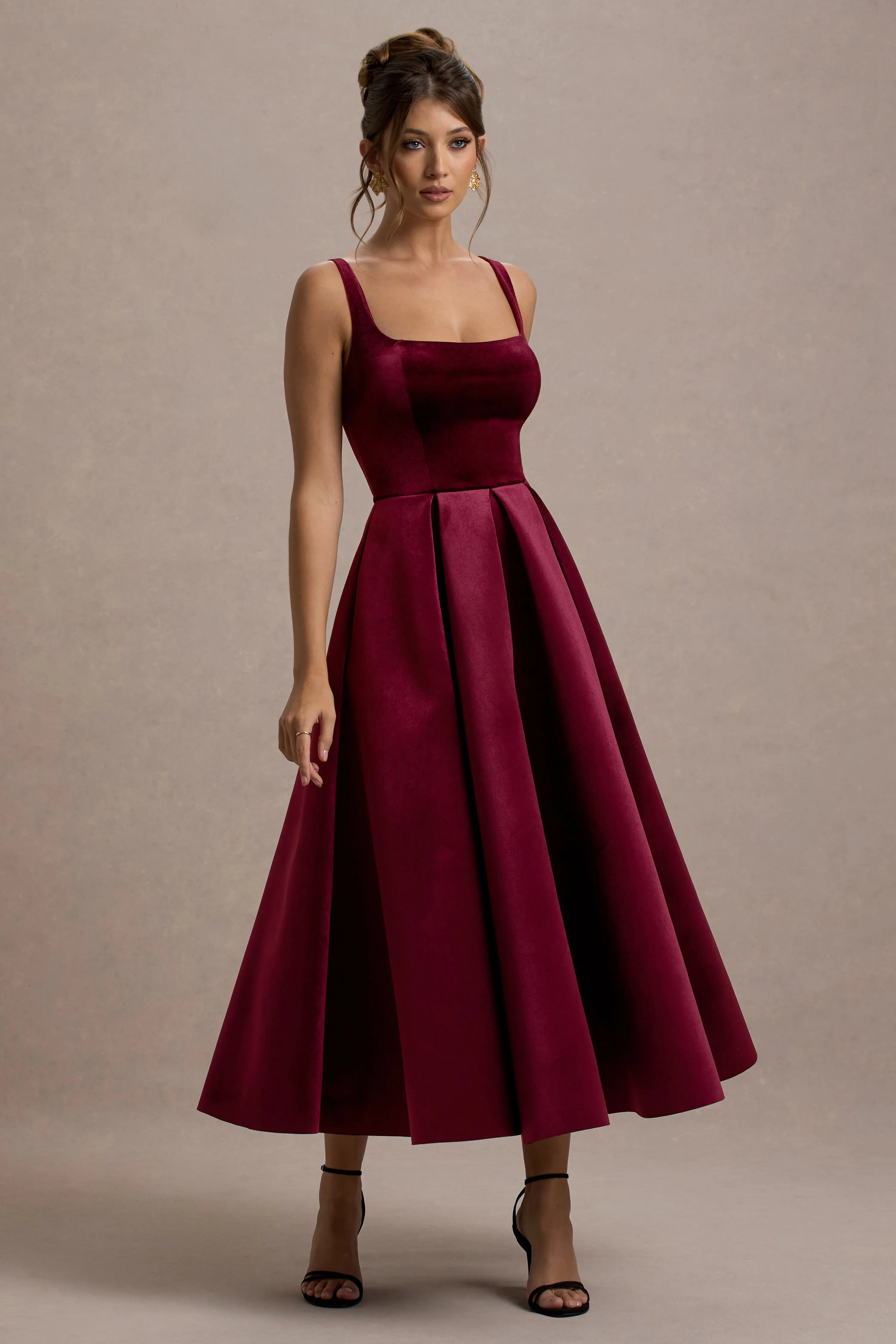 Francisca | Berry Velvet Strappy Volume-Hem Midi Dress