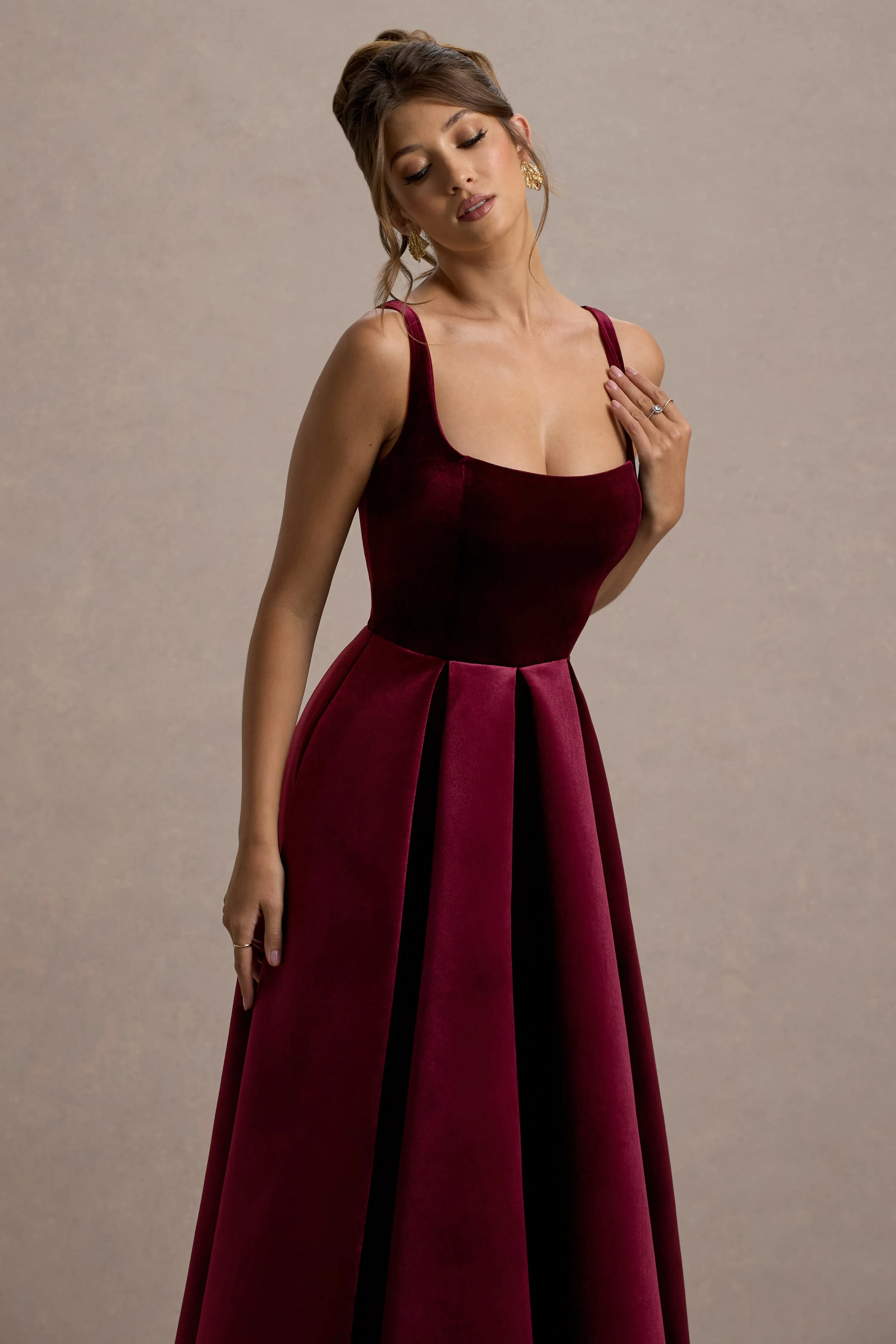 Francisca | Berry Velvet Strappy Volume-Hem Midi Dress