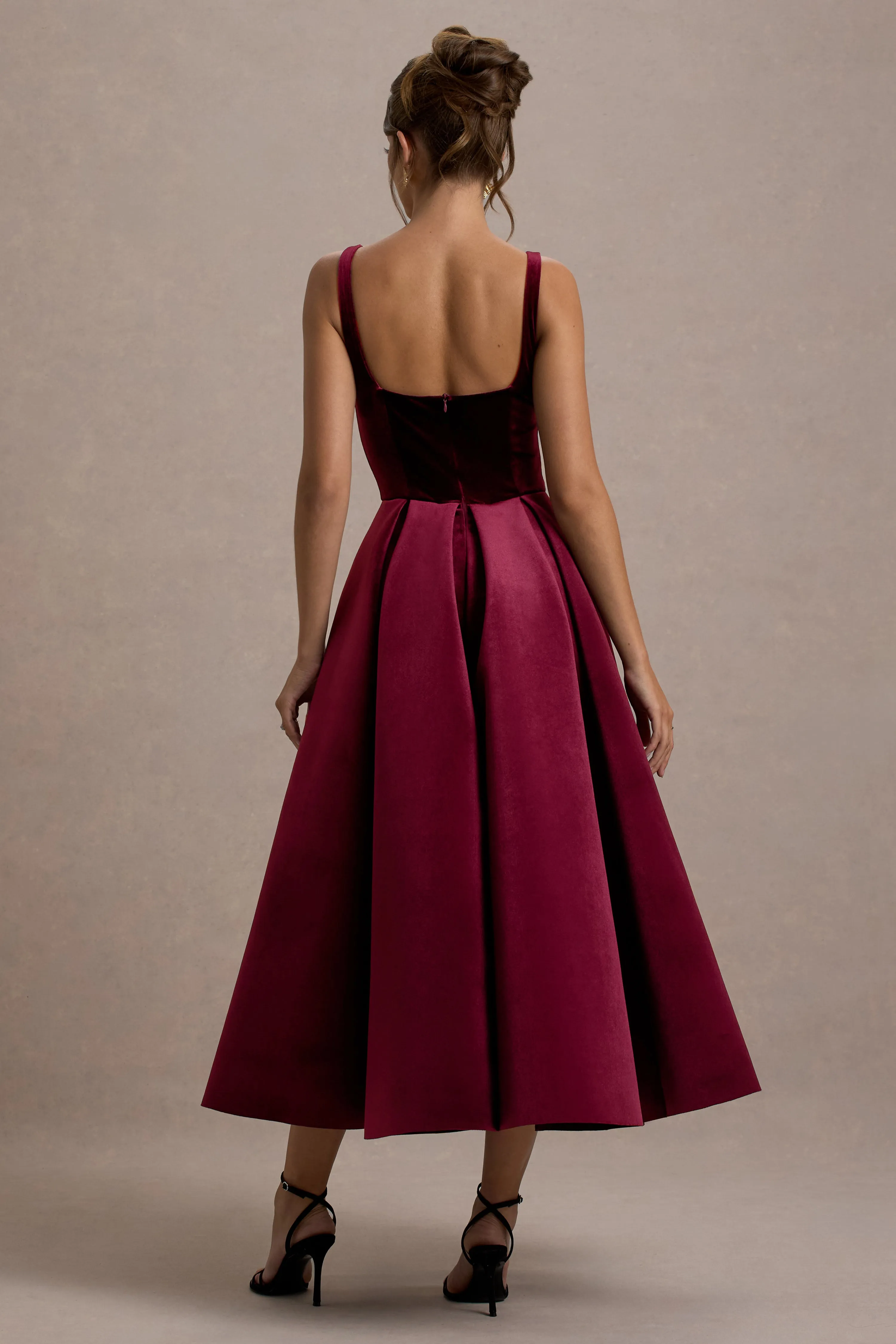 Francisca | Berry Velvet Strappy Volume-Hem Midi Dress