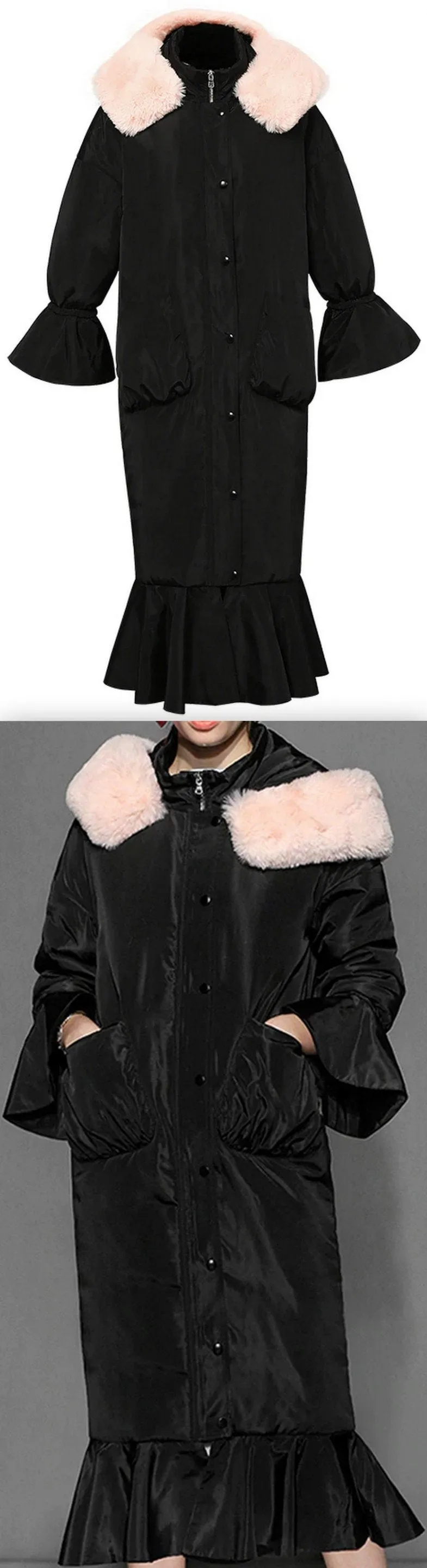 Fur-Hooded Padded Flared Coat