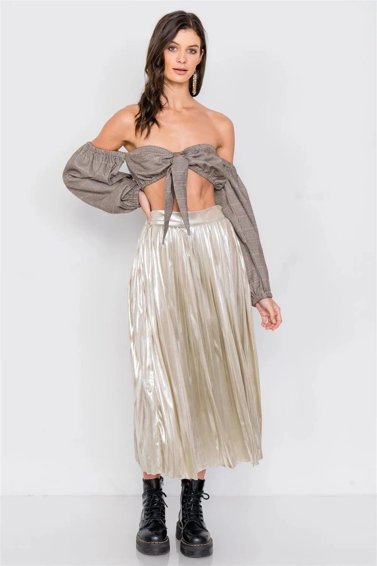 Gold Metallic Pleated Chic Midi Skirt /3-2-1