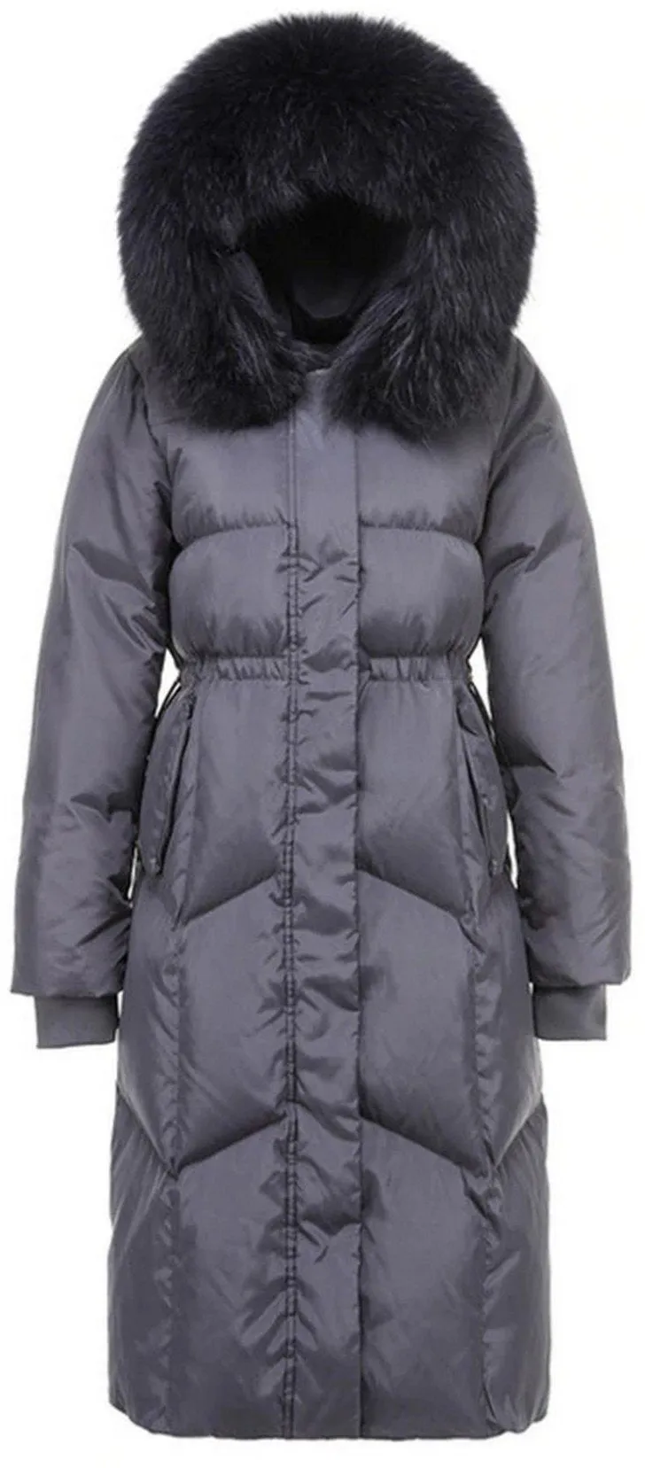 Grey Down Coat with Fur Hood