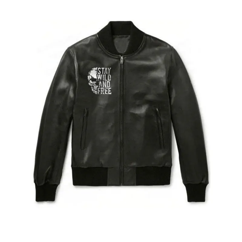 Halloween Special Stay Wild and Free Black Bomber Leather Jacket