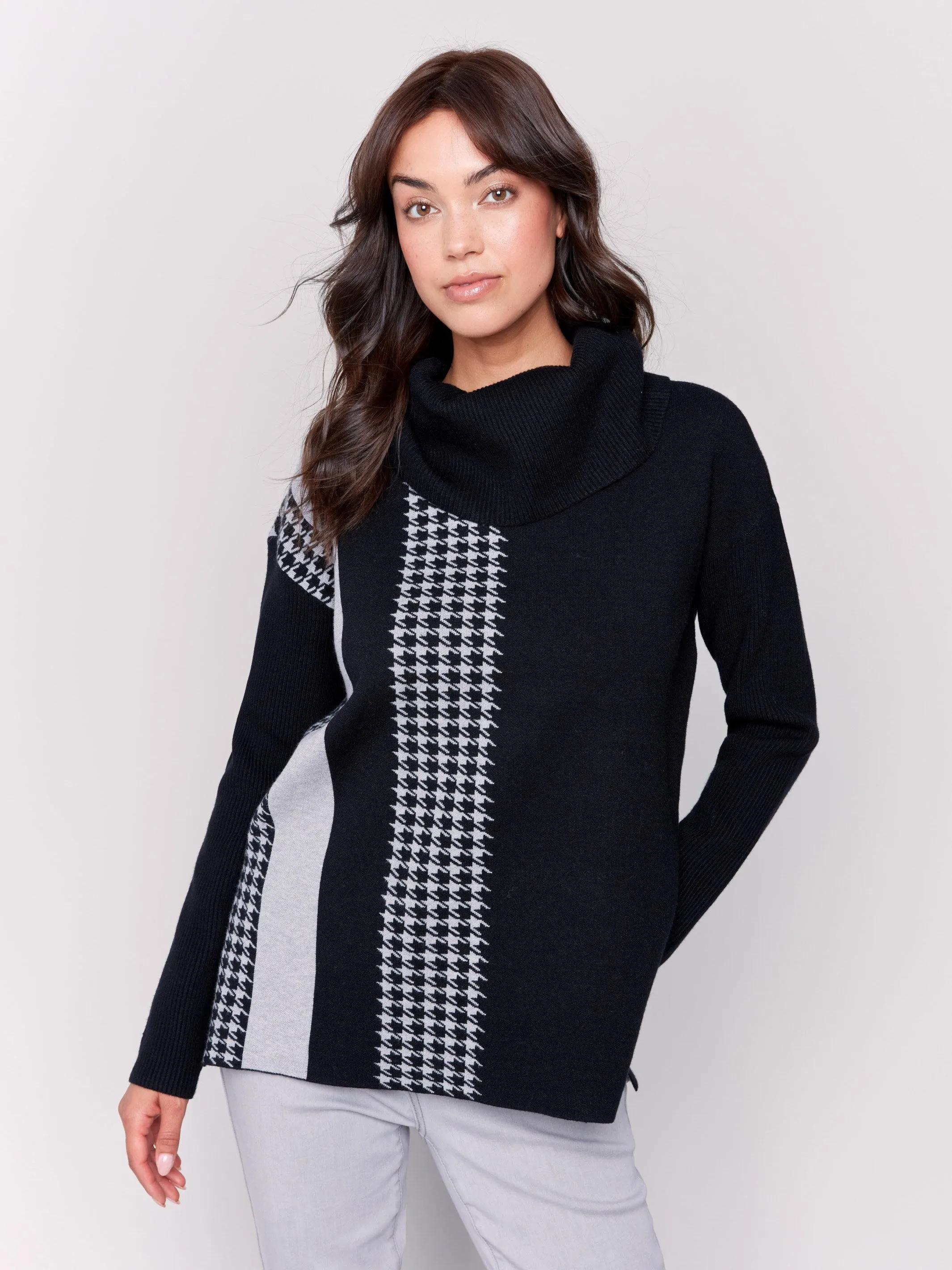 Houndstooth Stripe Cowl Neck Sweater - Black