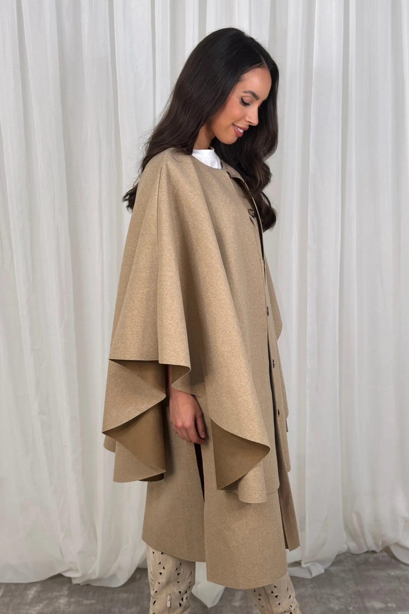 Indie Cape Overlay Coat In Camel