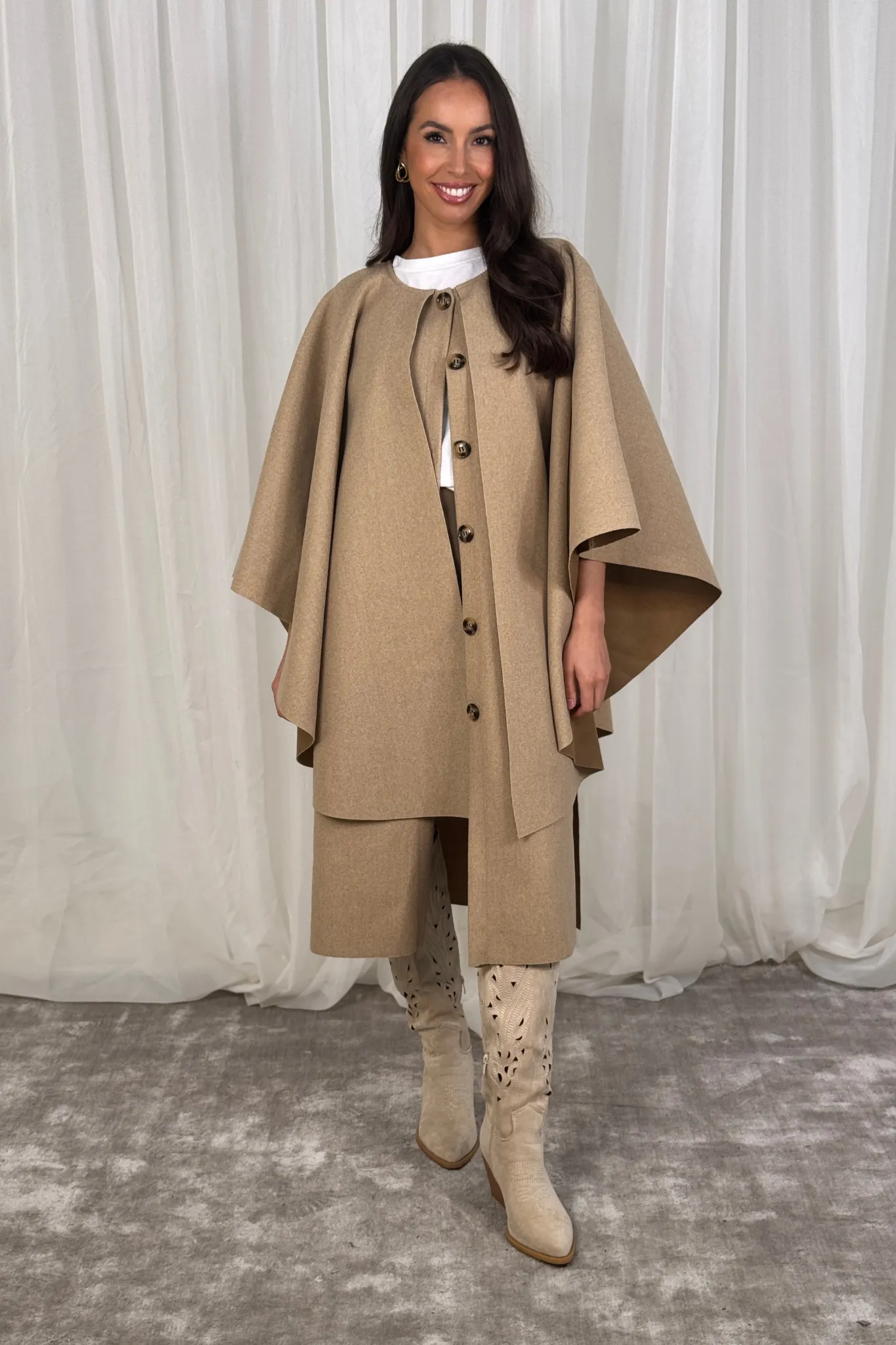 Indie Cape Overlay Coat In Camel