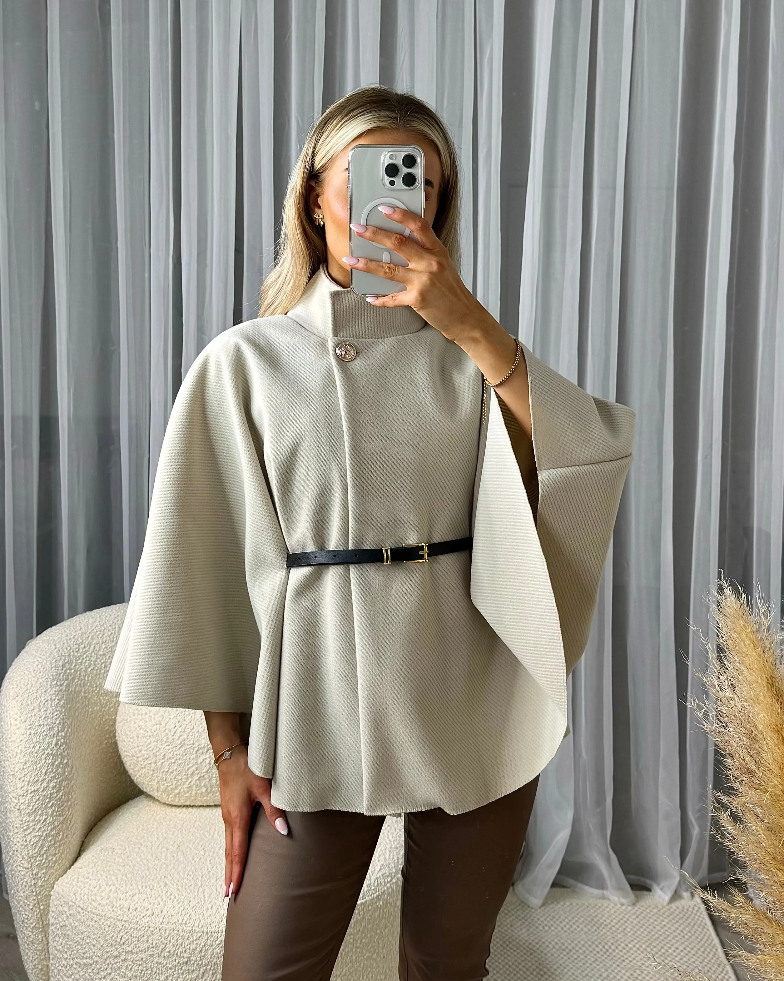 Katie High Neck Button Detail Belted Waist Cape - Beige